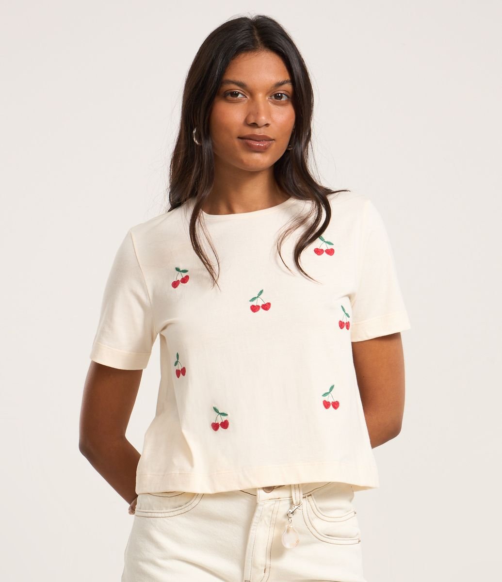 Camiseta em Algodão com Bordados de Cereja Off White