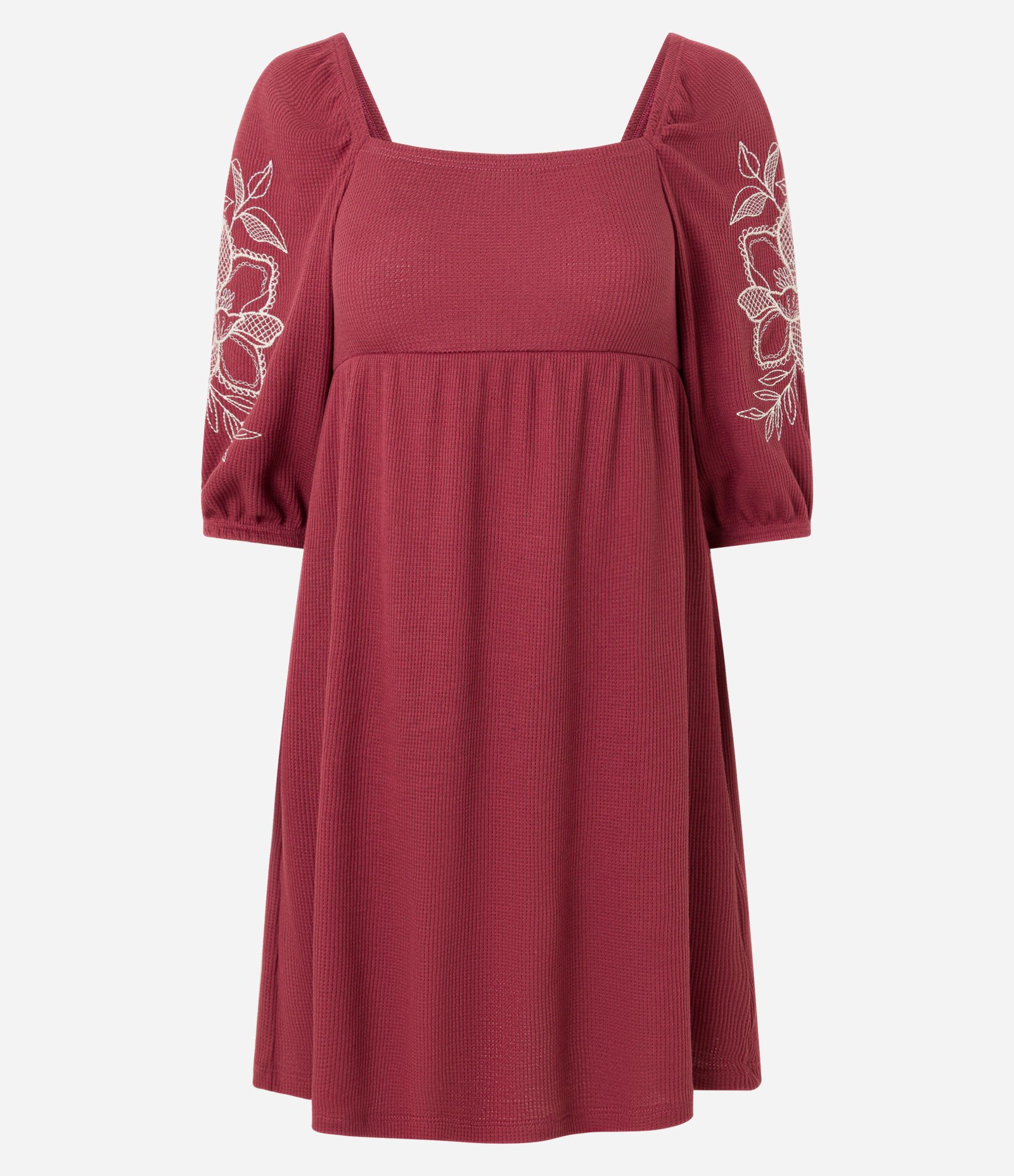 Vestido Evasê Curto Texturizado com Bordadp Floral Bordô 4