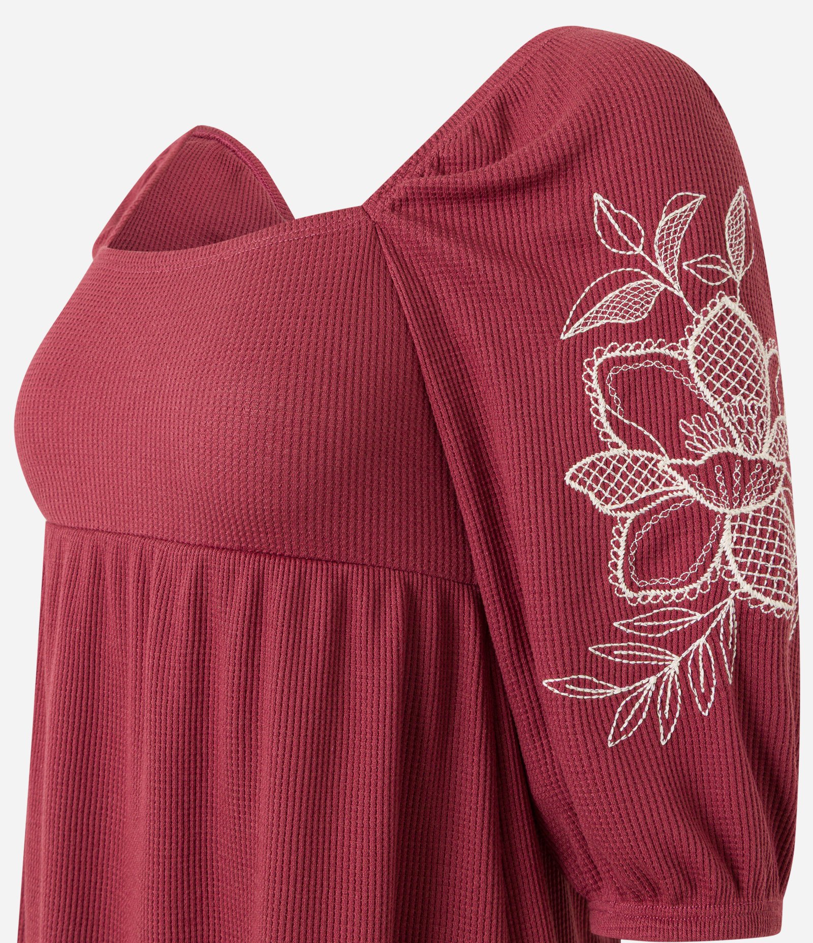 Vestido Evasê Curto Texturizado com Bordadp Floral Bordô 5