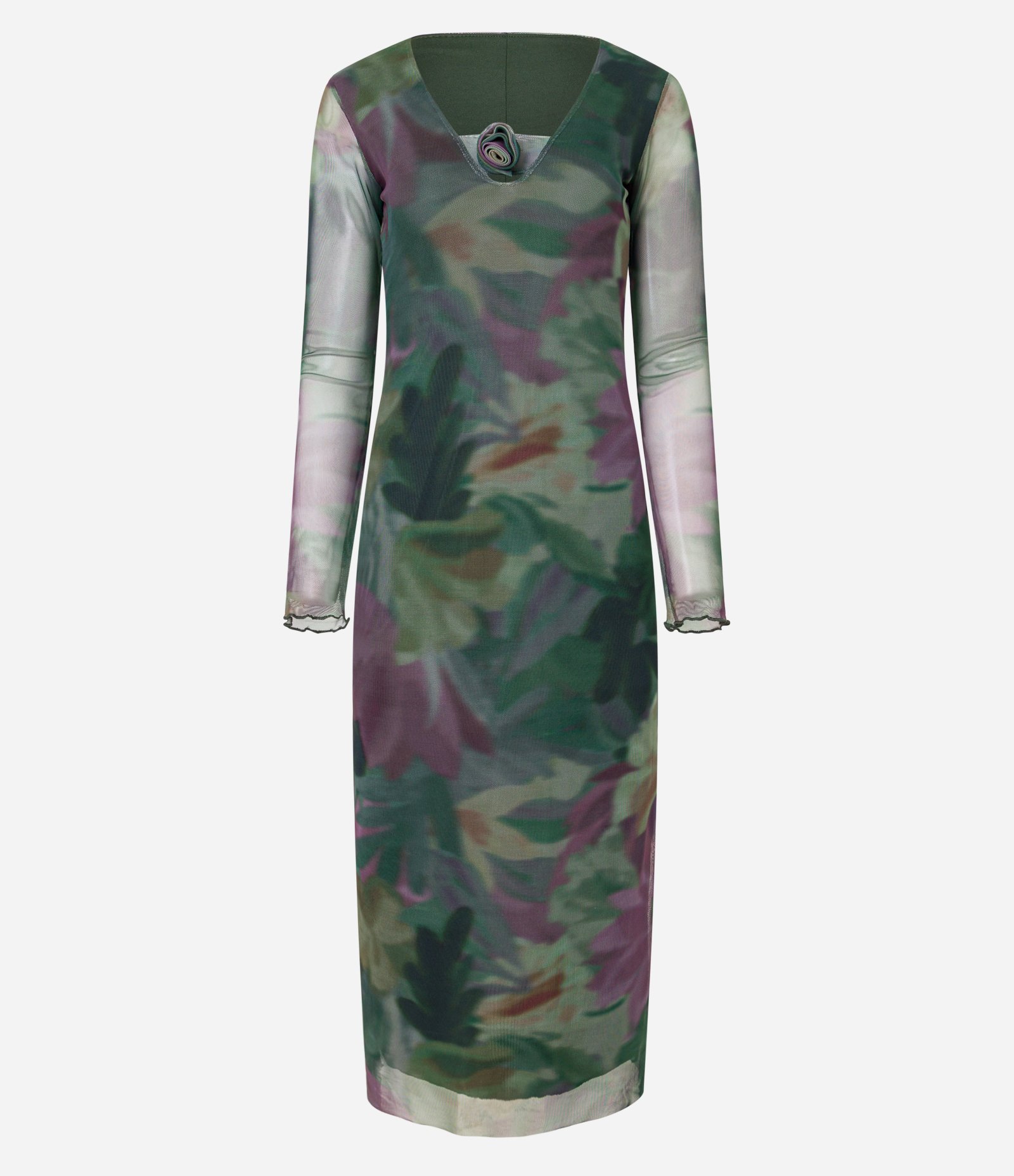 Vestido Long Midi em Tule Floral com Manga Longa Verde 6