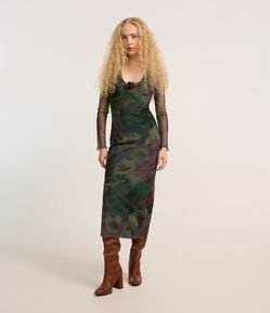 Vestido Long Midi em Tule Floral com Manga Longa