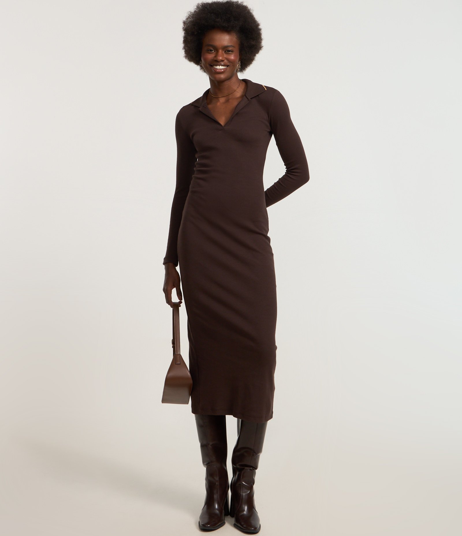 Vestido Long Midi em Ribana com Gola Polo em Tricô Marrom 2
