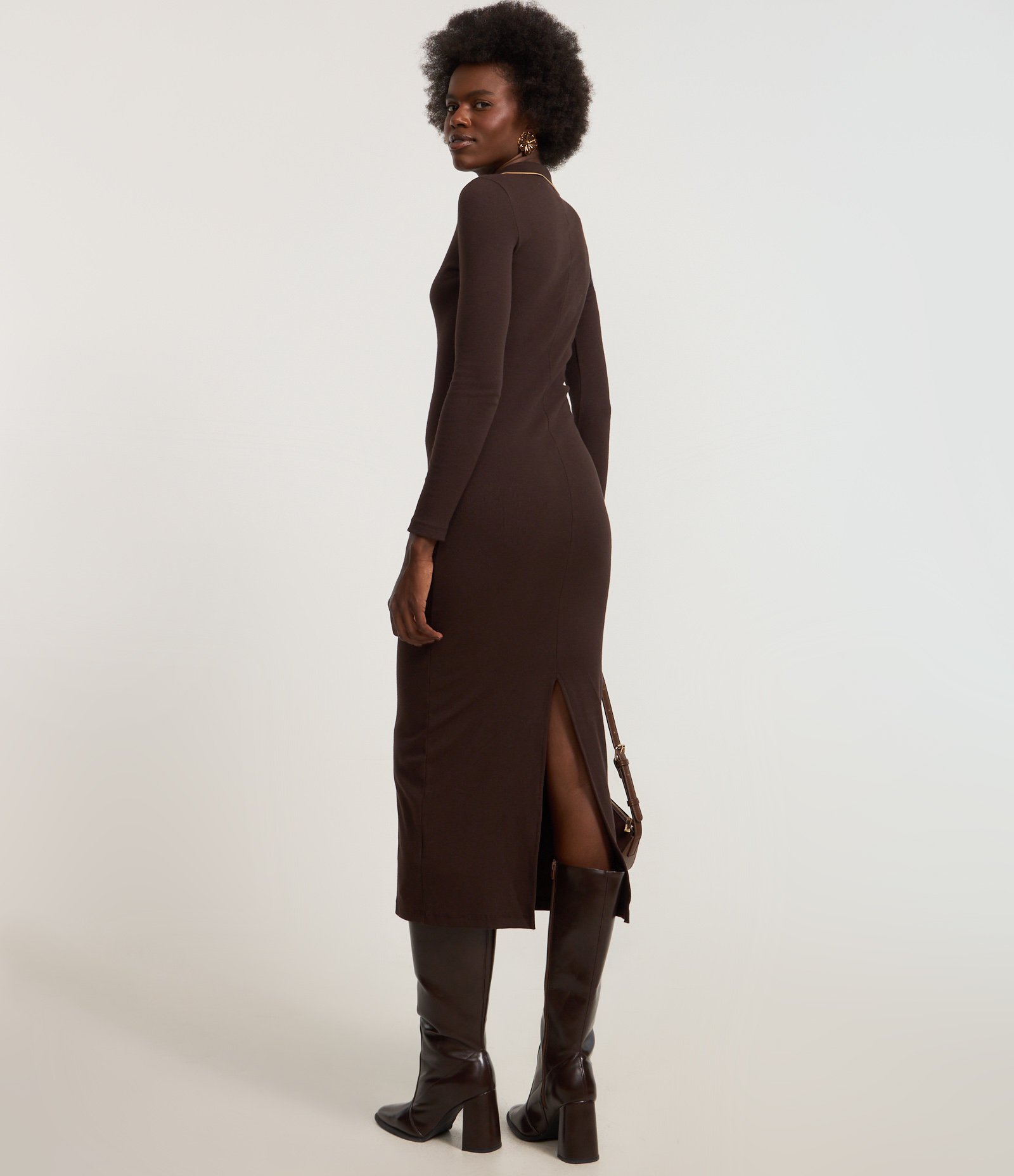 Vestido Long Midi em Ribana com Gola Polo em Tricô Marrom 4