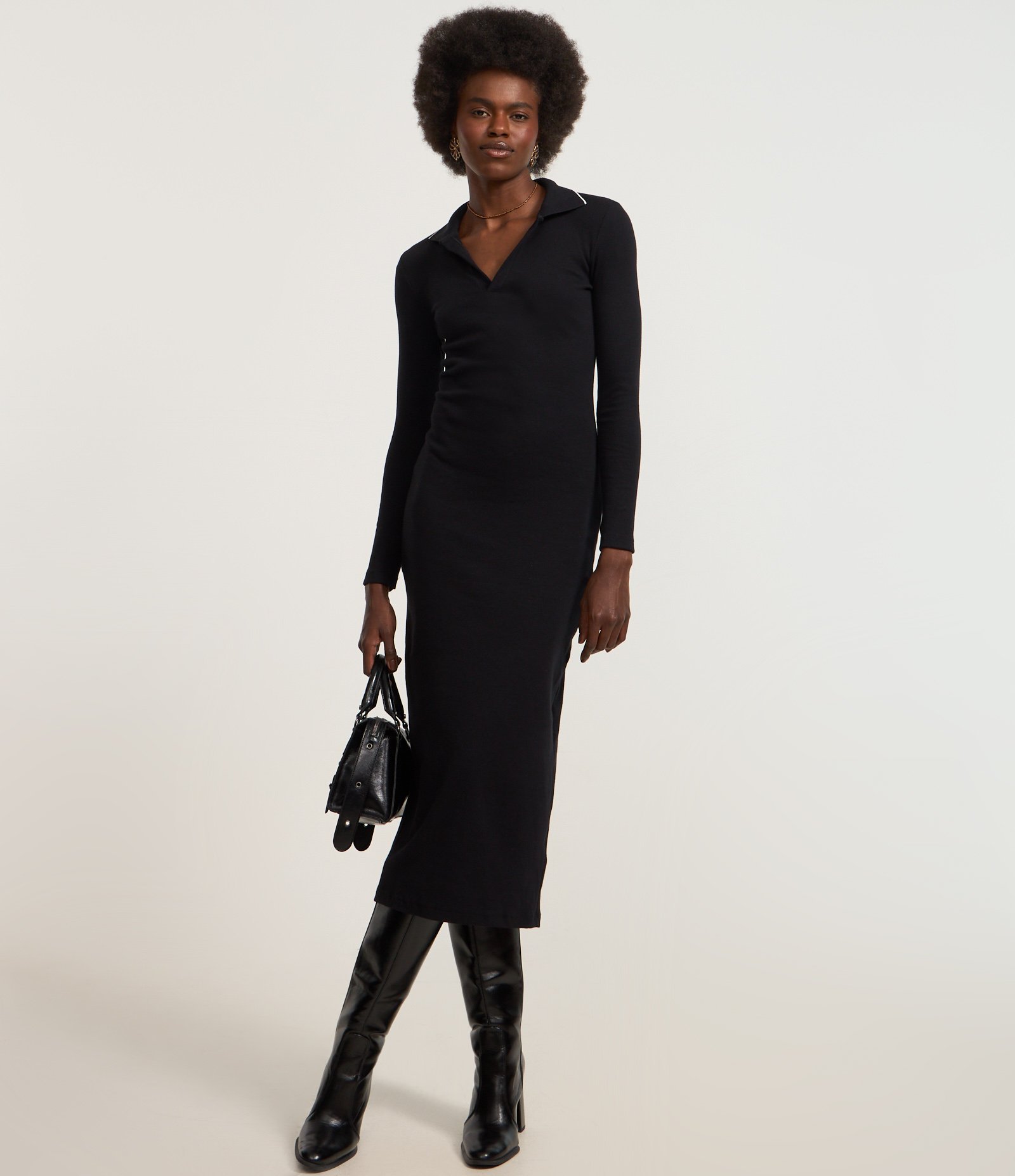 Vestido Long Midi em Ribana com Gola Polo em Tricô Preto 2