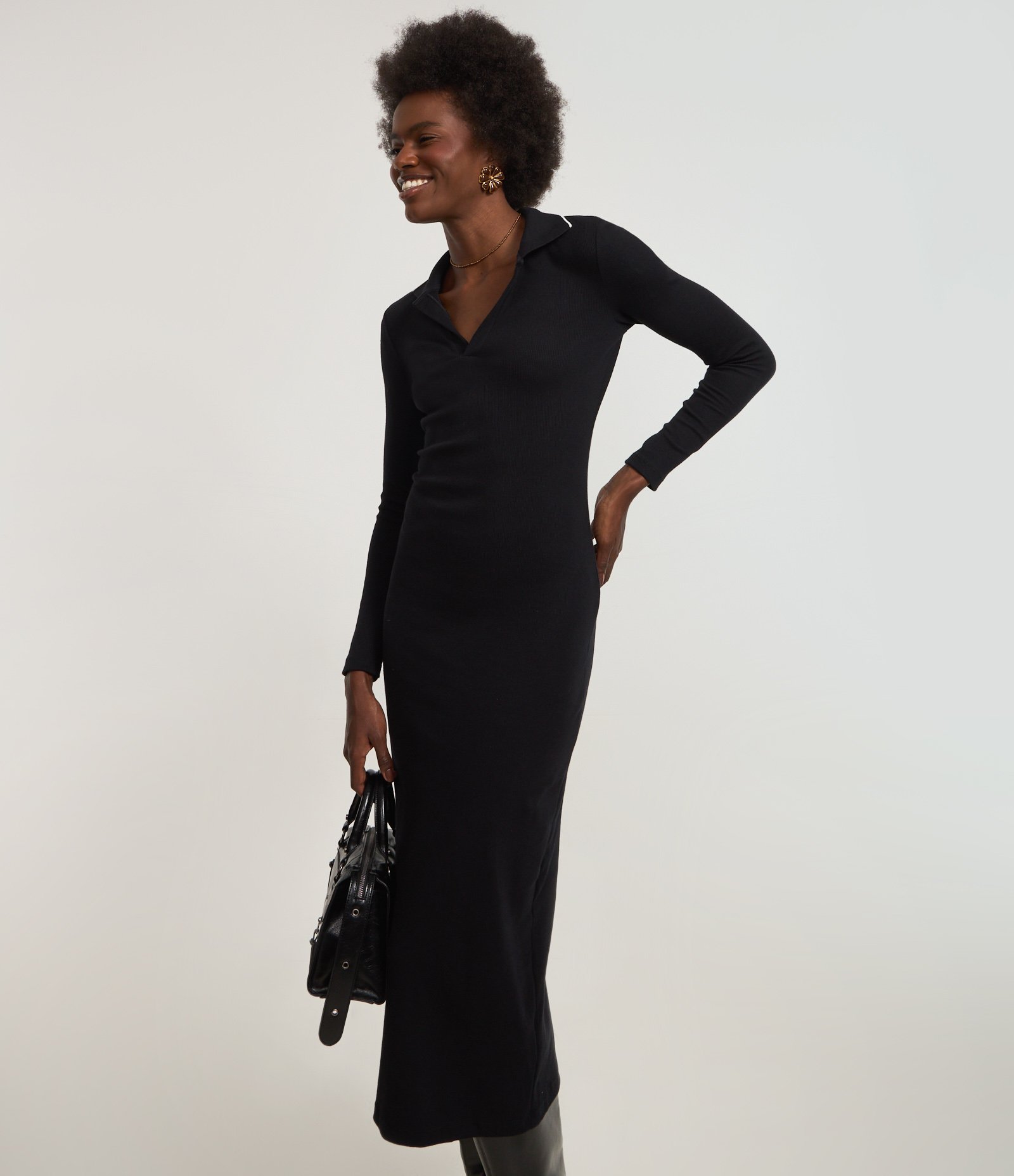 Vestido Long Midi em Ribana com Gola Polo em Tricô Preto 3