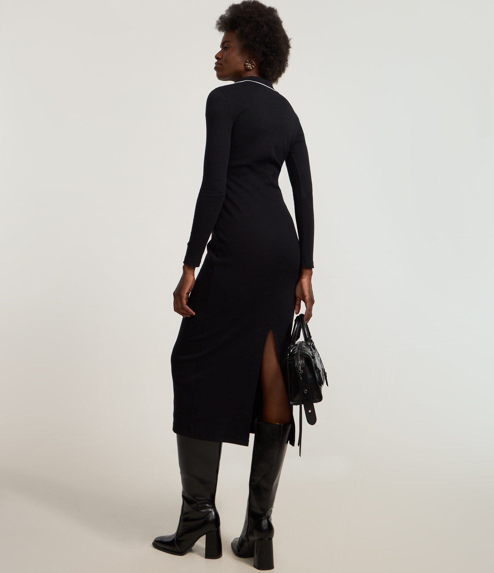 Vestido Long Midi em Ribana com Gola Polo em Tricô Preto 4