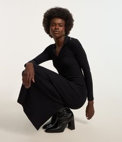 Vestido Long Midi em Ribana com Gola Polo em Tricô