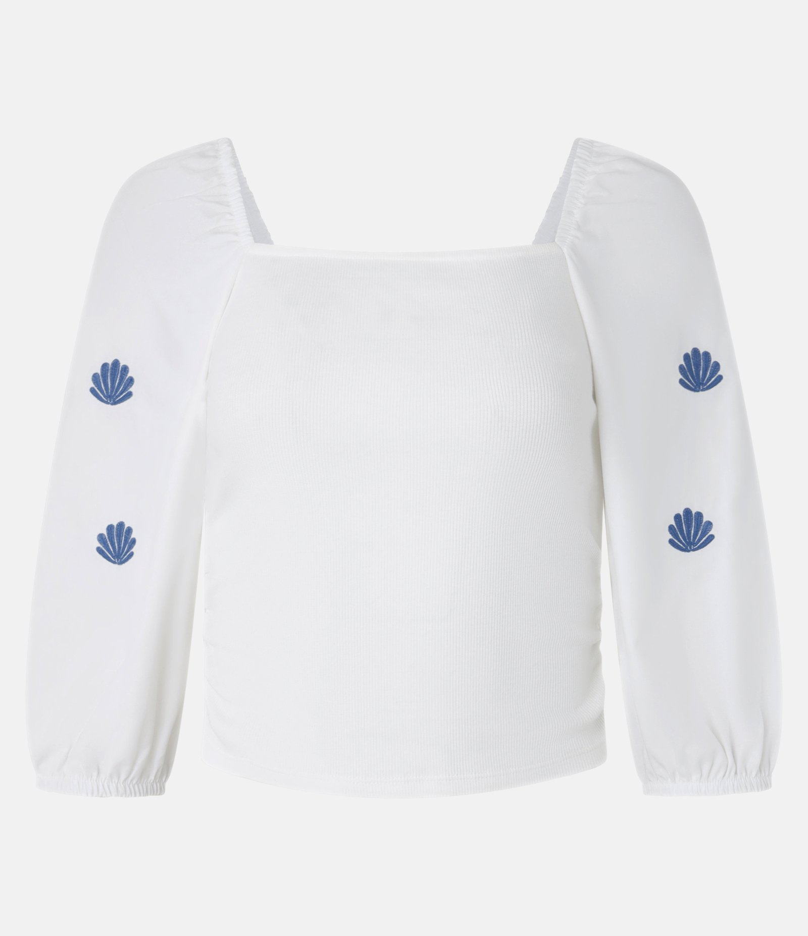 Blusa em Ribana com Manga Bufante e Bordado de Concha Branco 4