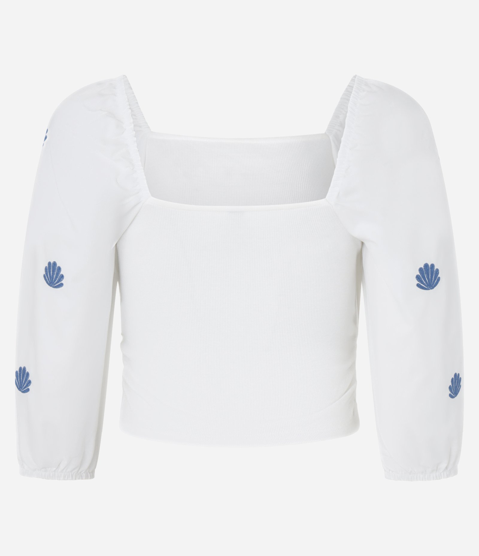 Blusa em Ribana com Manga Bufante e Bordado de Concha Branco 6