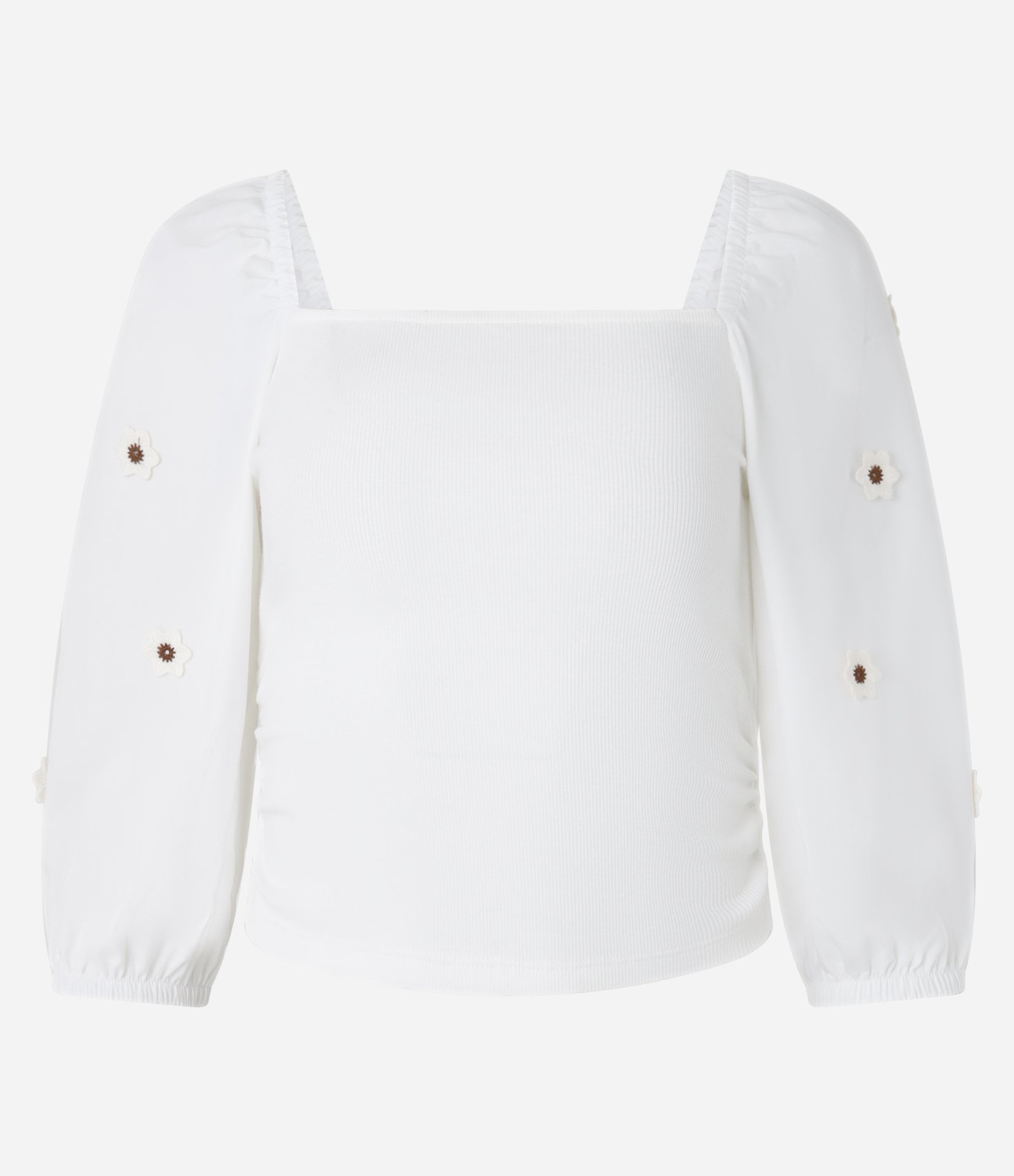 Blusa Cropped em Ribana com Margaridas 3D na Manga Branco 4