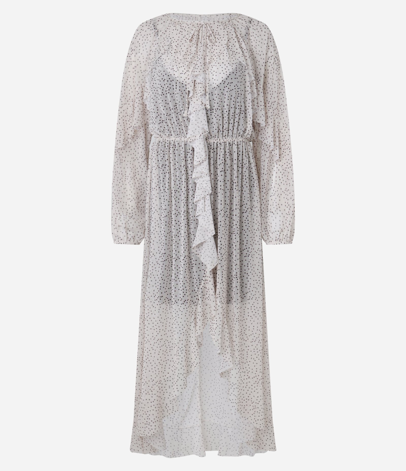 Vestido Longo em Tule Poá com Babados e Forro Contrastante Bege 4