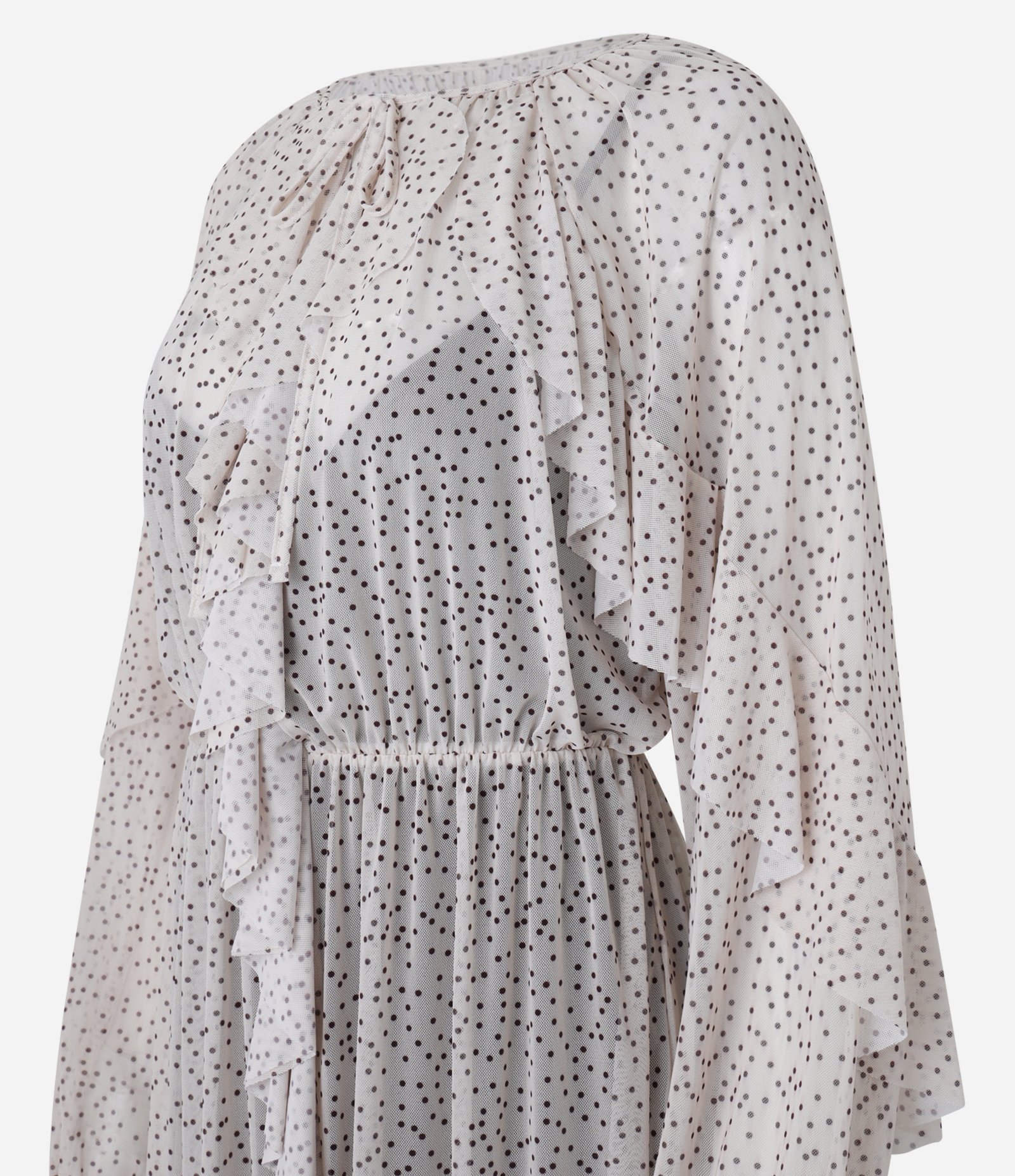 Vestido Longo em Tule Poá com Babados e Forro Contrastante Bege 5