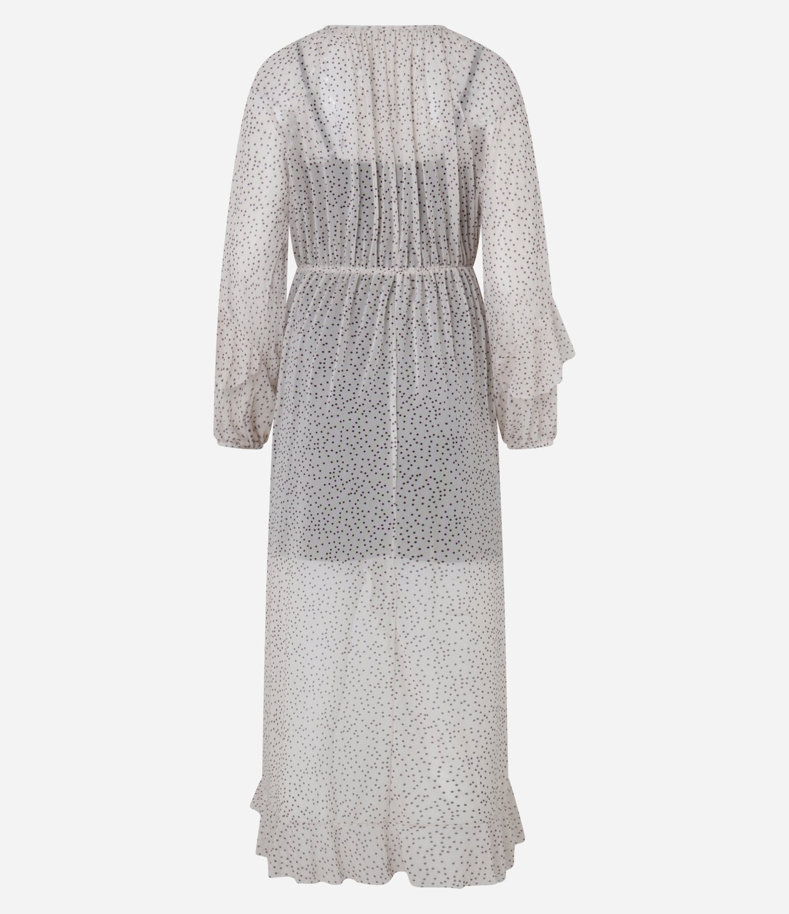 Vestido Longo em Tule Poá com Babados e Forro Contrastante Bege 6