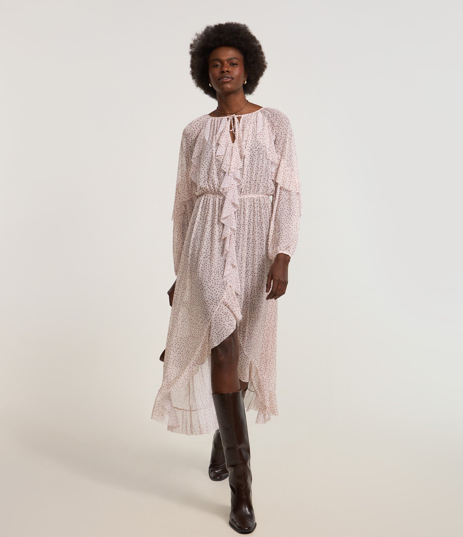 Vestido Longo em Tule Poá com Babados e Forro Contrastante Bege 1