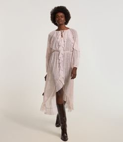 Vestido Longo em Tule Poá com Babados e Forro Contrastante