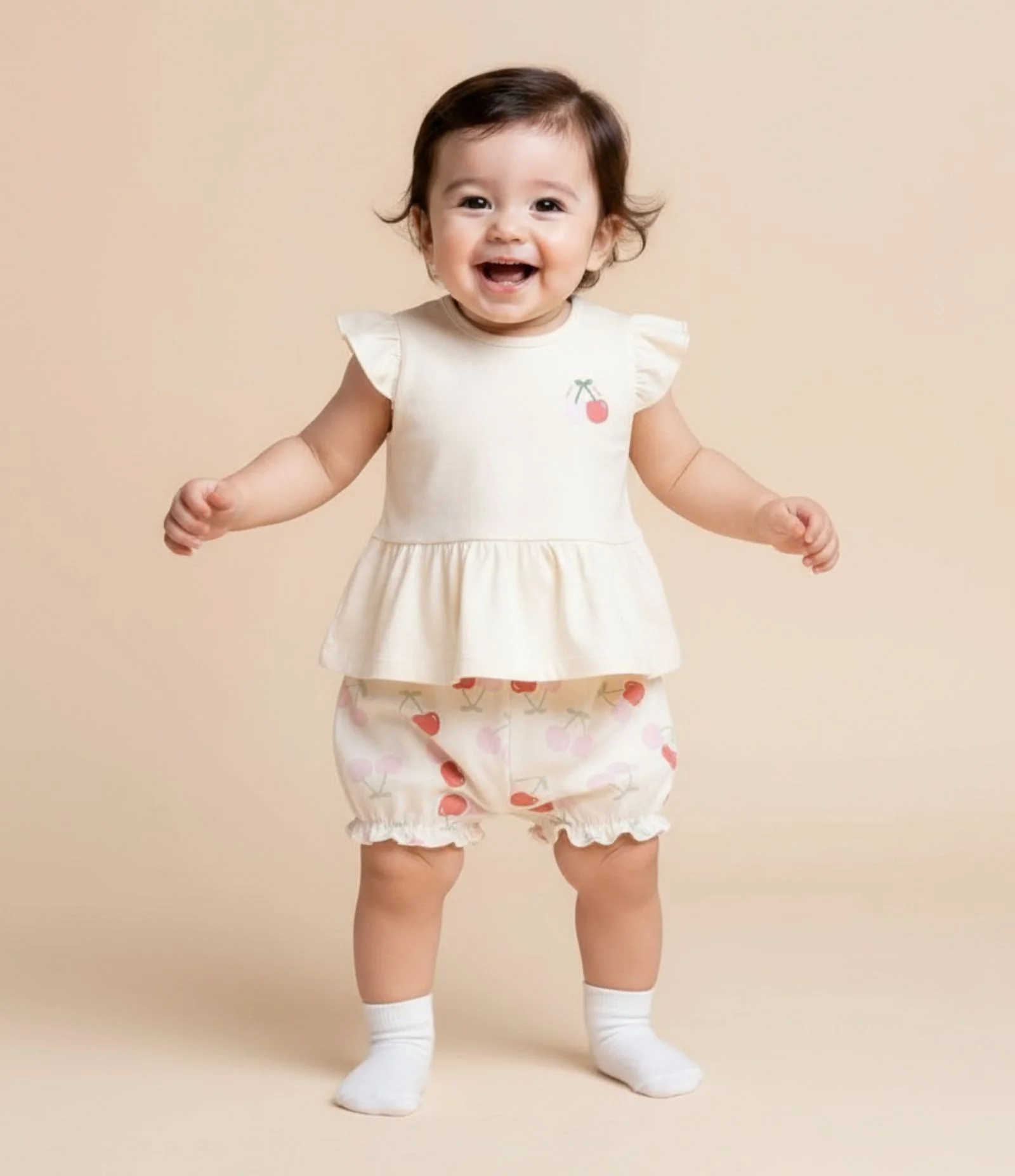 Conjunto Infantil com Estampa de Cereja - Tam 0 A 18 Meses Bege 1