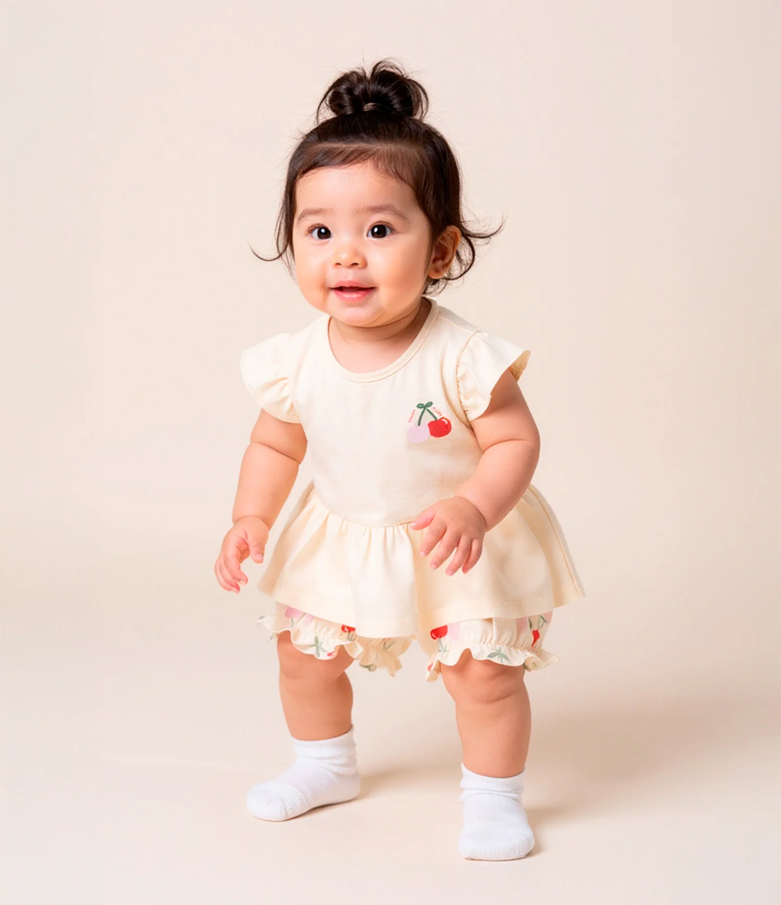 Conjunto Infantil com Estampa de Cereja - Tam 0 A 18 Meses Bege 2