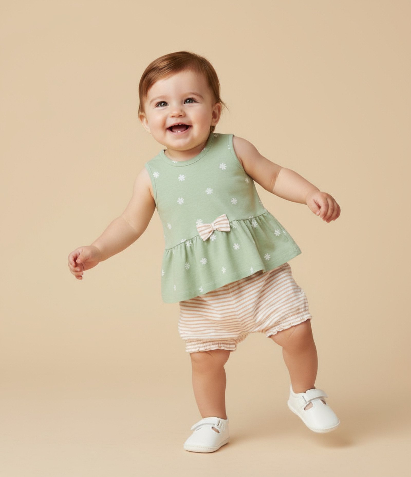 Conjunto Infantil em Malha com Lacinho e Estampa de Florzinhas - Tam 0 a 18 meses Verde 1