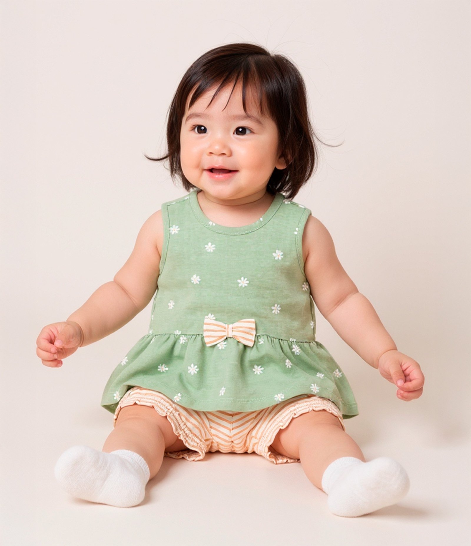 Conjunto Infantil em Malha com Lacinho e Estampa de Florzinhas - Tam 0 a 18 meses Verde 2