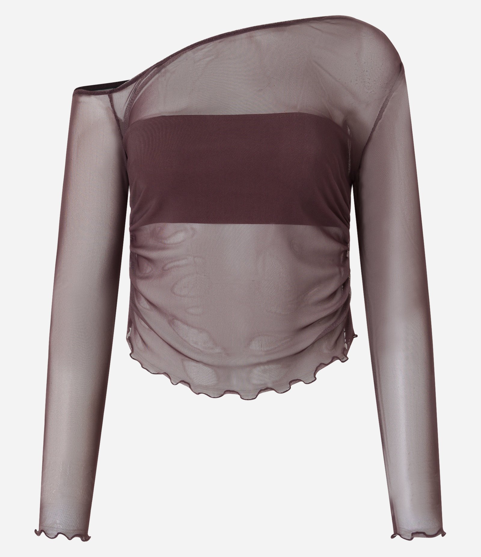 Blusa em Tule Sobreposta com Ombro Assimétrico Marrom 4