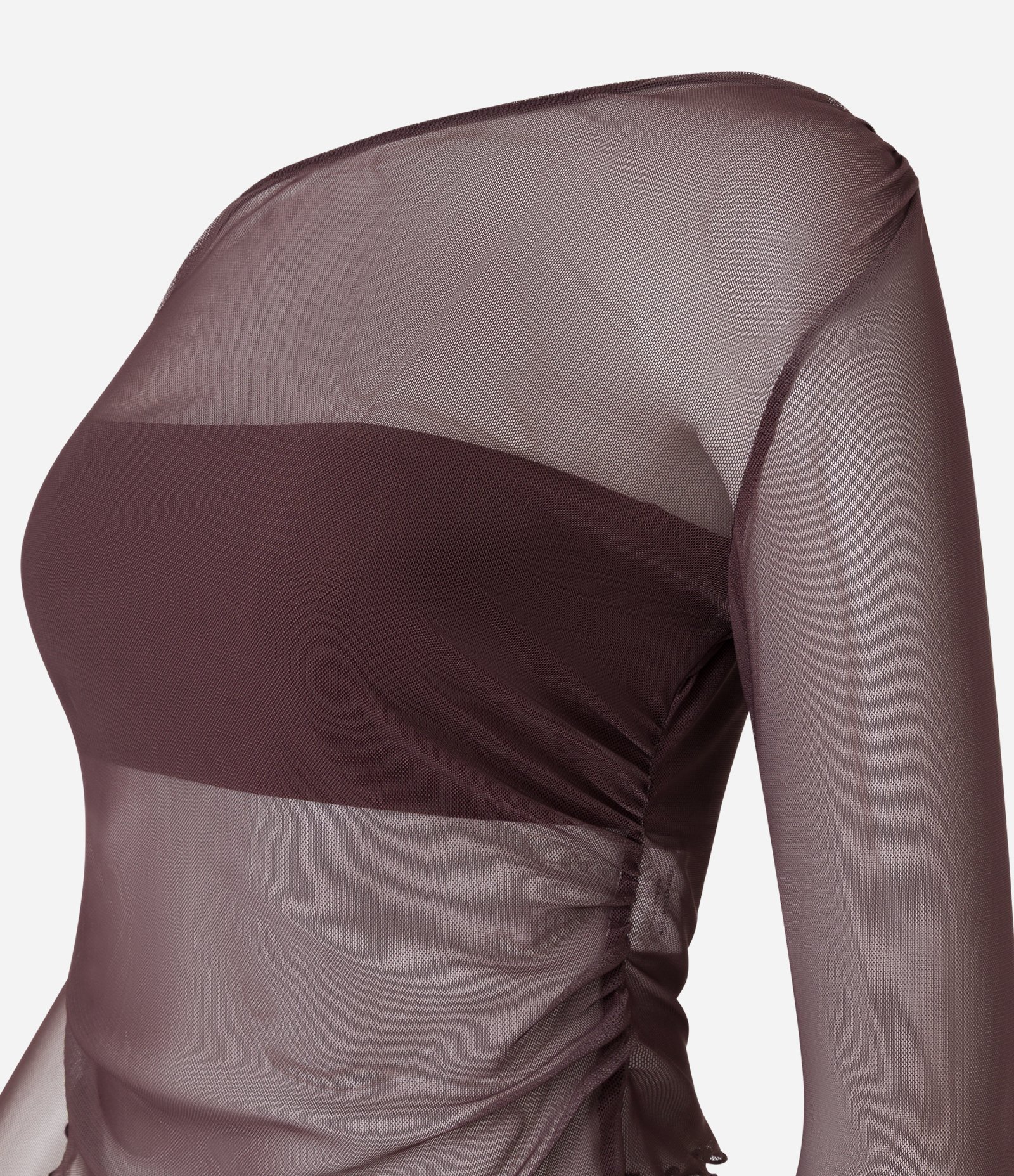 Blusa em Tule Sobreposta com Ombro Assimétrico Marrom 5