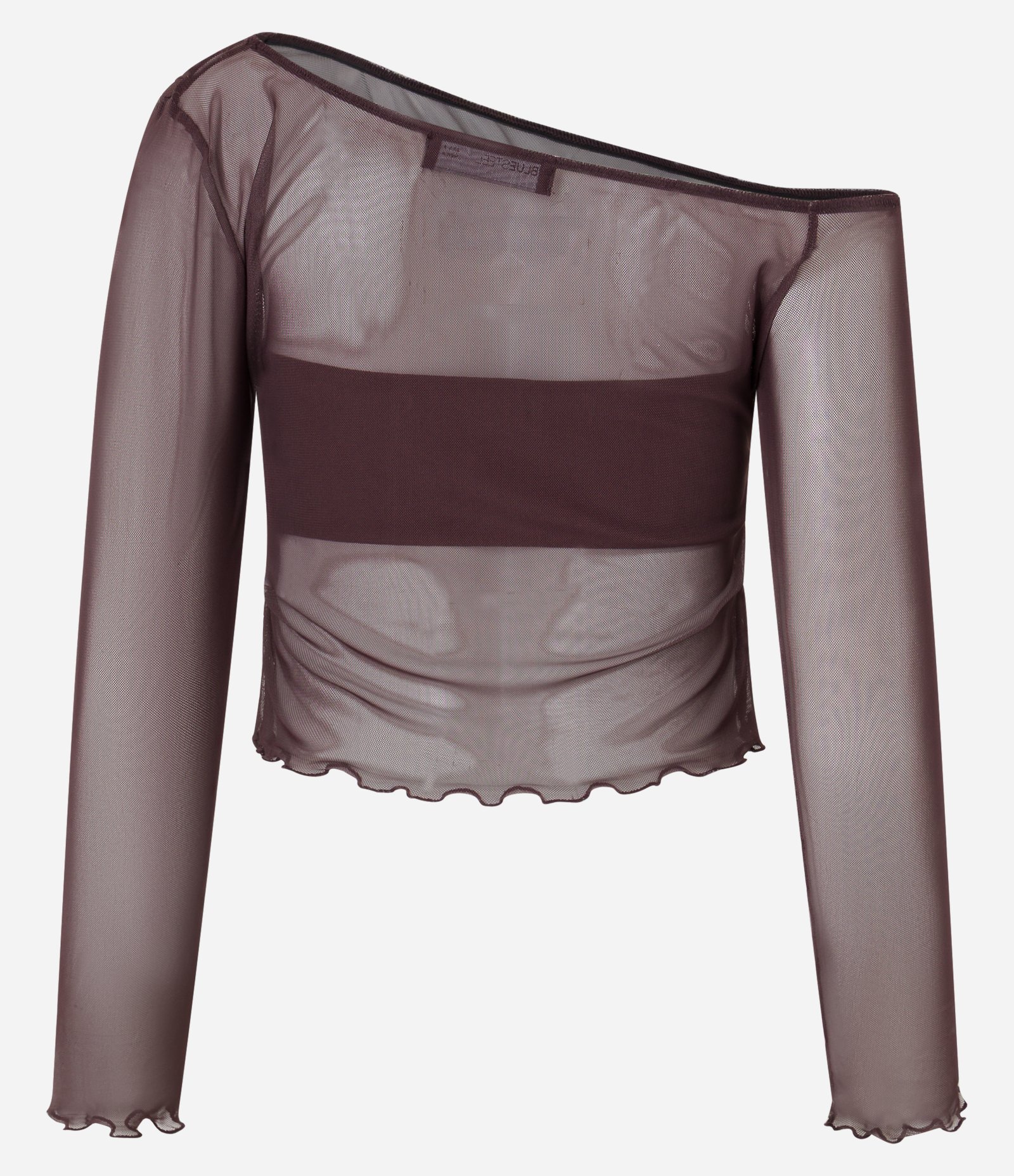 Blusa em Tule Sobreposta com Ombro Assimétrico Marrom 6