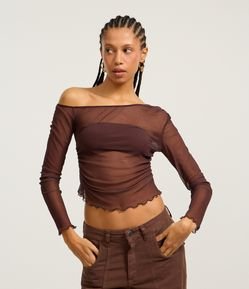 Blusa em Tule Sobreposta com Ombro Assimétrico