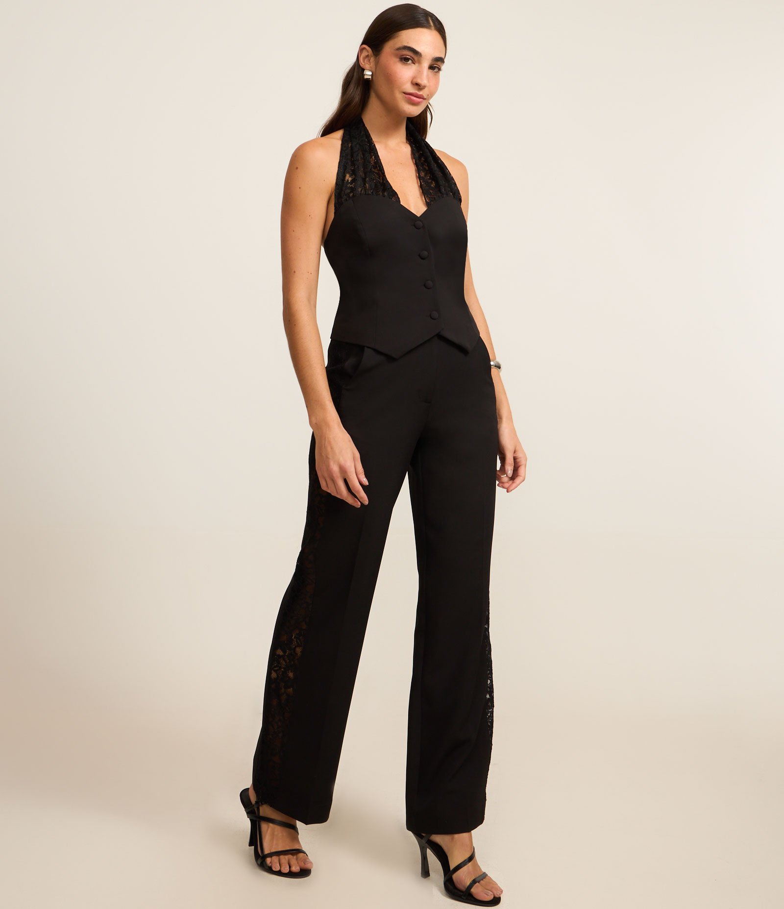 Colete Alfaiatado Frete Única com Alça de Renda Preto 2