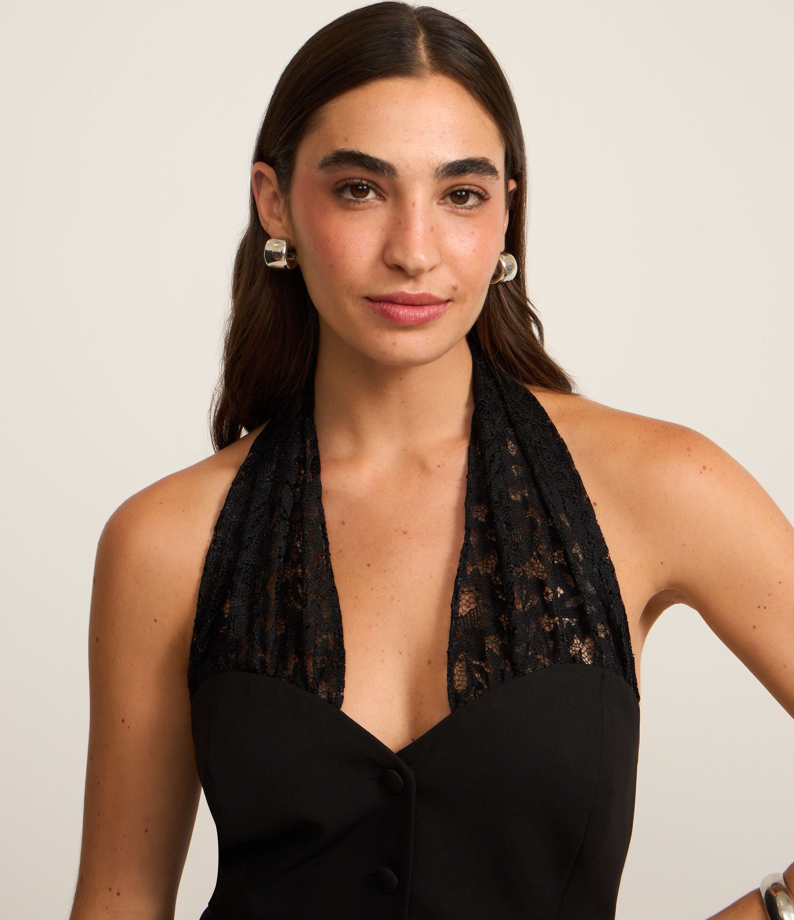 Colete Alfaiatado Frete Única com Alça de Renda Preto 4