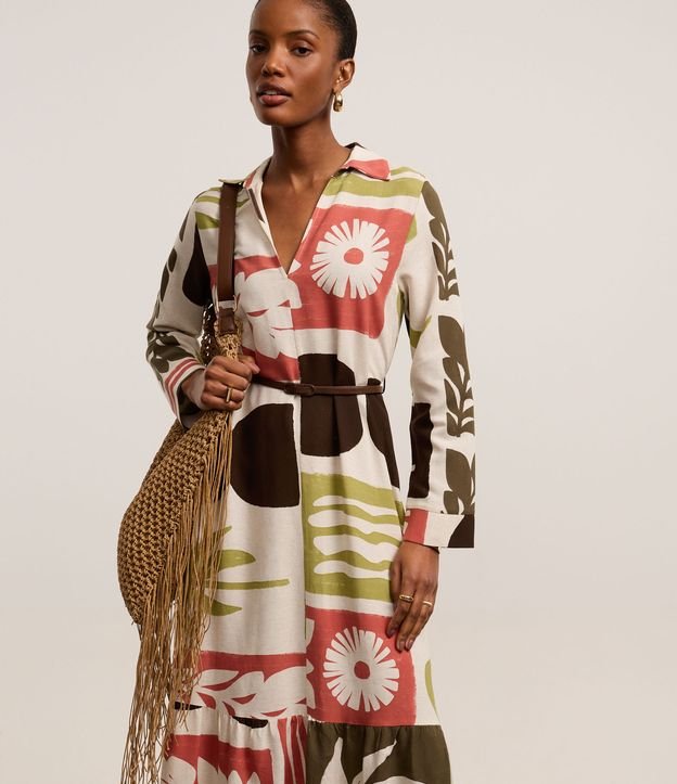 Vestido Chemise Evasê Midi em Viscolinho com Estampa Xilogravura