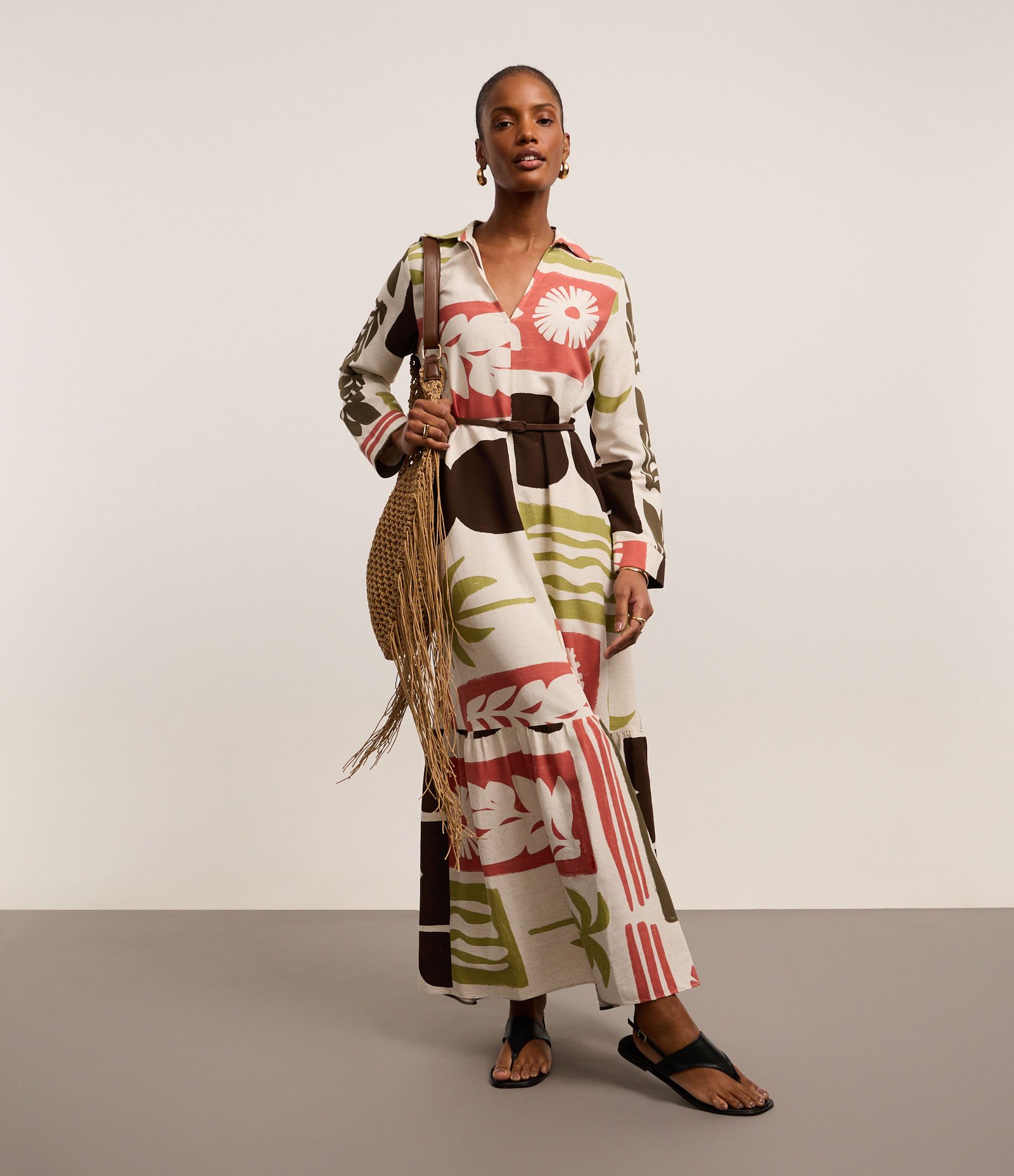 Vestido Chemise Evasê Midi em Viscolinho com Estampa Xilogravura Multicores 1