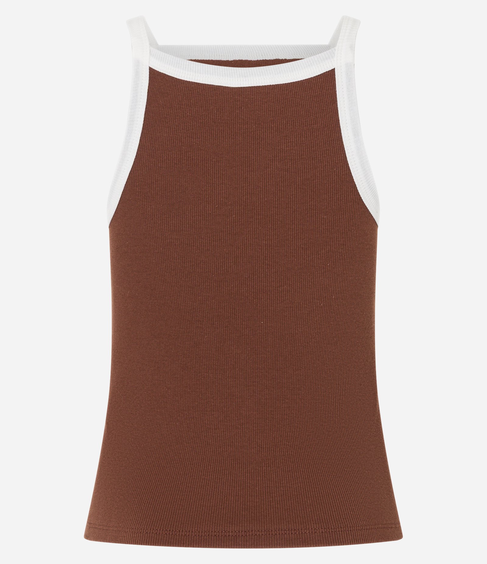 Regata em Ribana com Decote Halter e Viés Contrastante Marrom 7