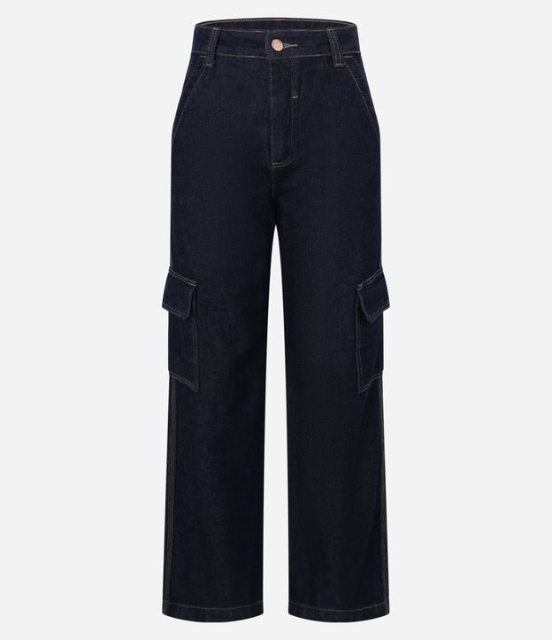 Calça Reta Comfort em Jeans com Bolsos Cargo