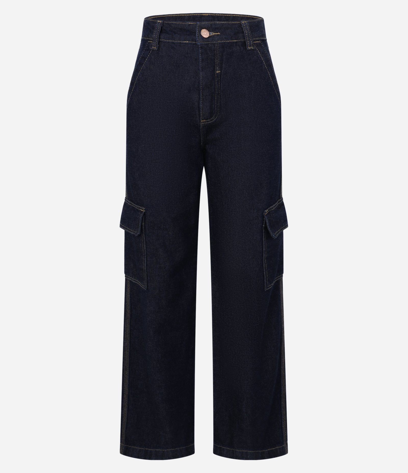 Calça Reta Comfort em Jeans com Bolsos Cargo Marinho Escuro 1