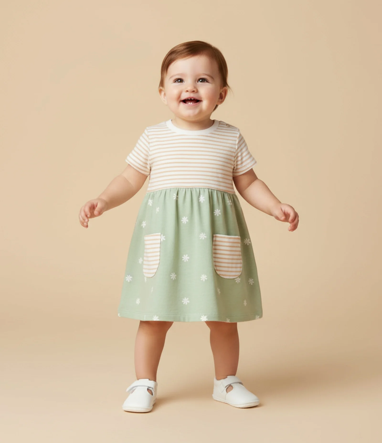 Vestido Infantil em Algodão com Estampa de Listras e Flores -Tam 0 a 18 Meses Verde 1