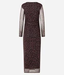 Vestido Long Midi em Tule com Estampa de Animal Print Onça e Mangas Transparentes