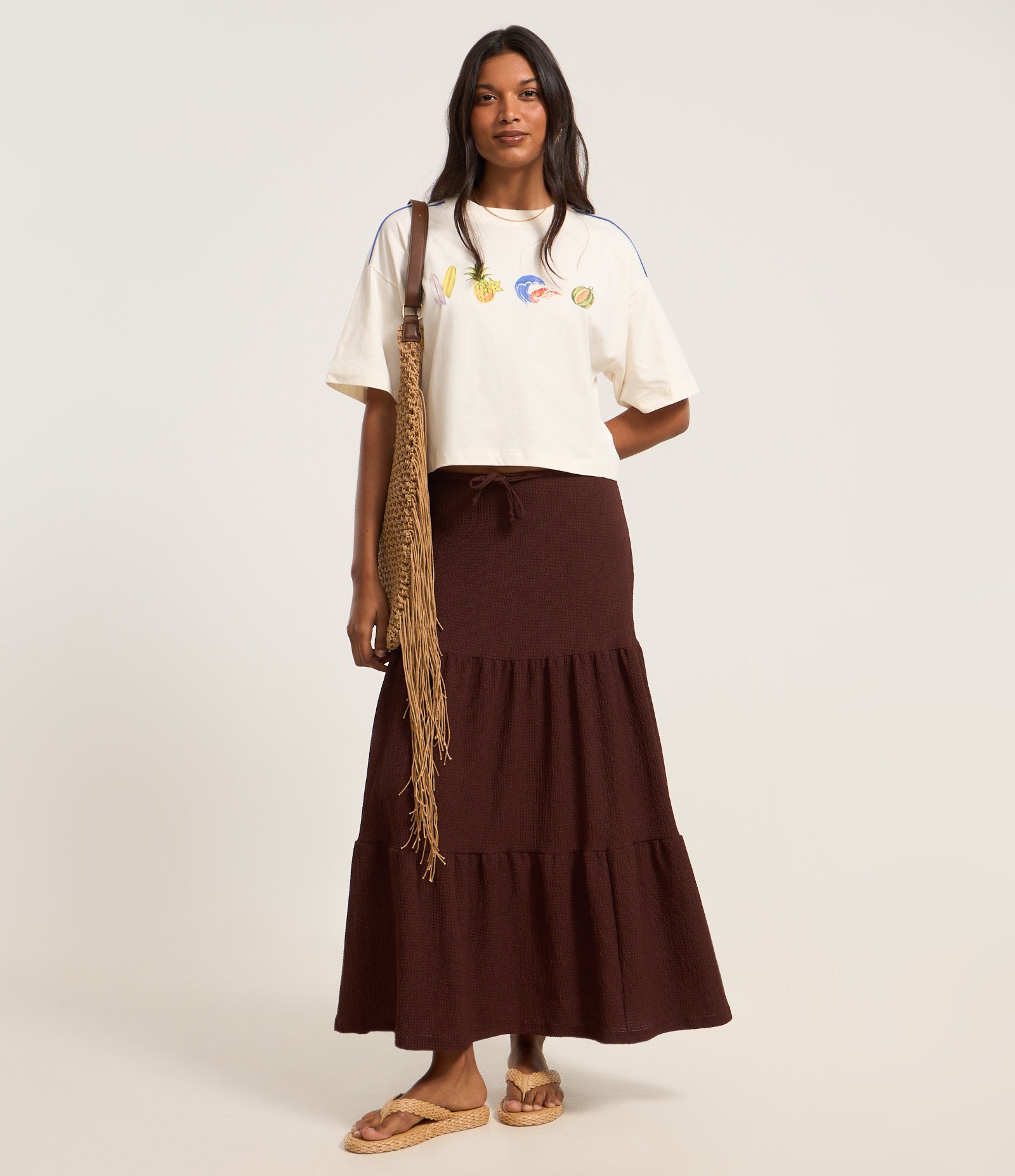 Camiseta Boxy em Algodão com Estampa Tropical Bege 2