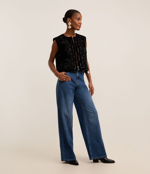 Calça Wide Leg em Jeans com Cós Alfaiatado