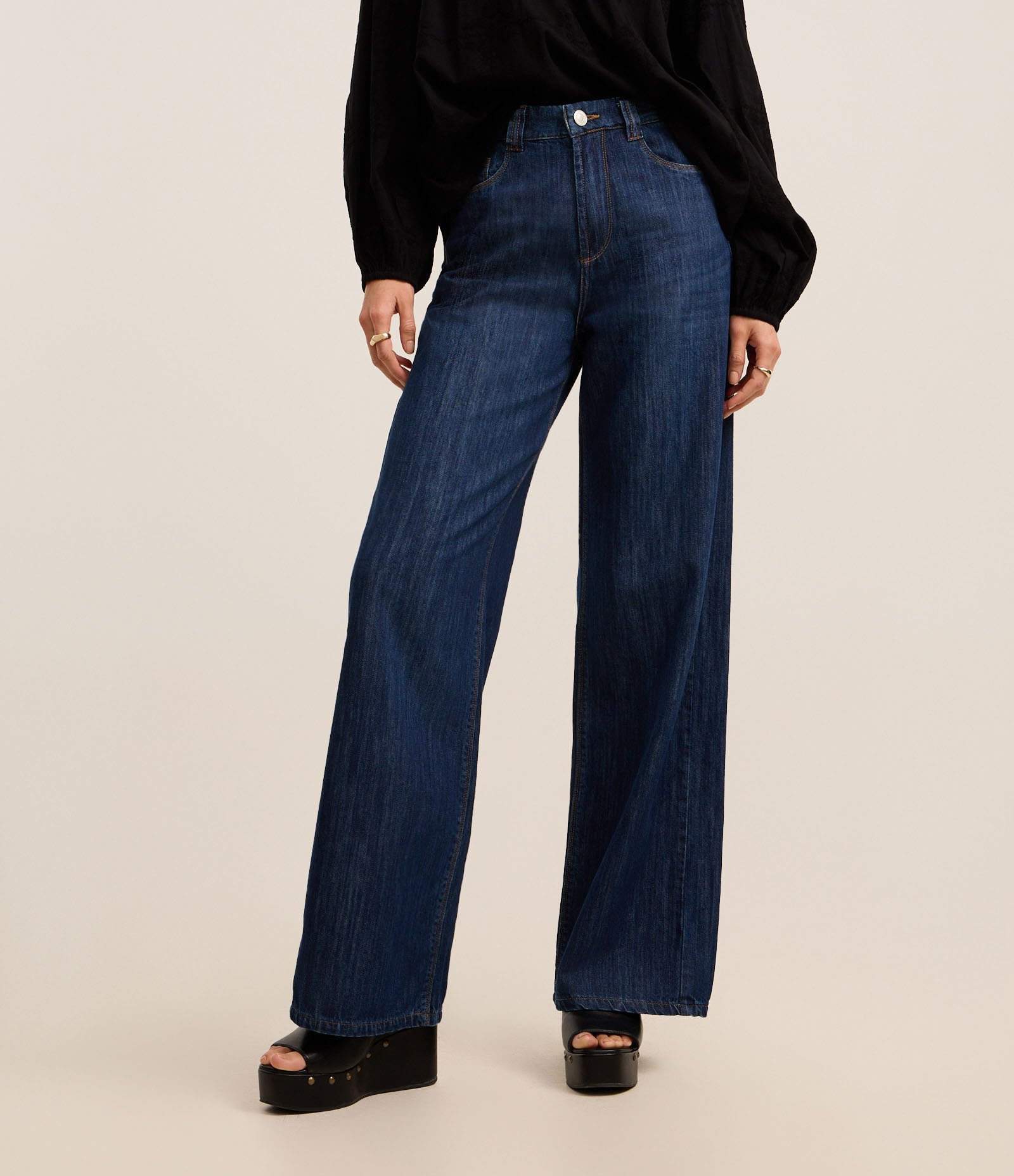 Calça Wide Leg em Jeans com Cós Alfaiatado Azul Escuro 3
