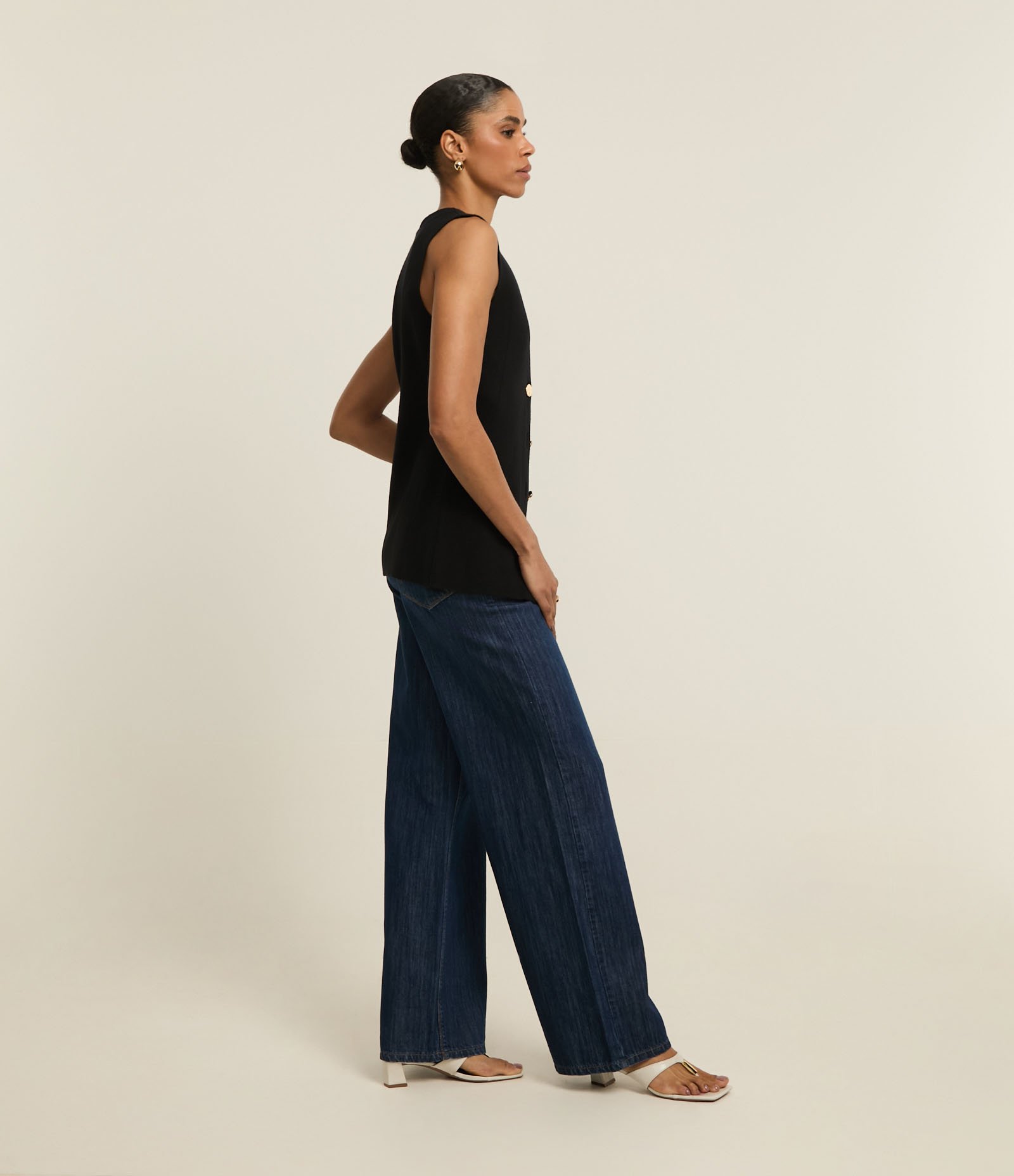 Calça Wide Leg em Jeans com Cós Alfaiatado Azul Escuro 5