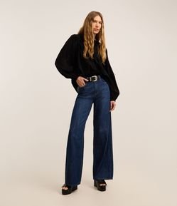 Calça Wide Leg em Jeans com Cós Alfaiatado