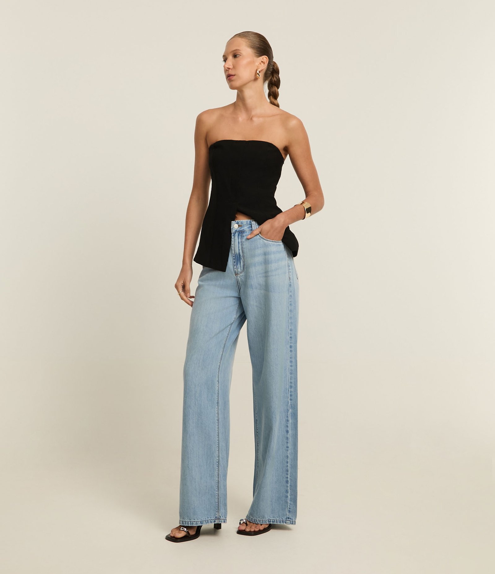 Calça Wide Leg em Jeans com Cós Alfaiatado Azul Claro 1