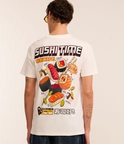 Camiseta Regular em Algodão com Estampa de Sushi