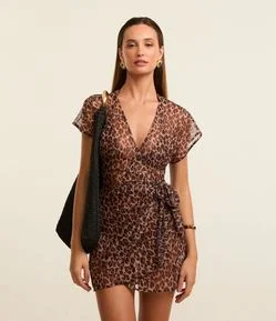Saída de Praia Bata em Tule Animal Print Onça com Amarração Lateral