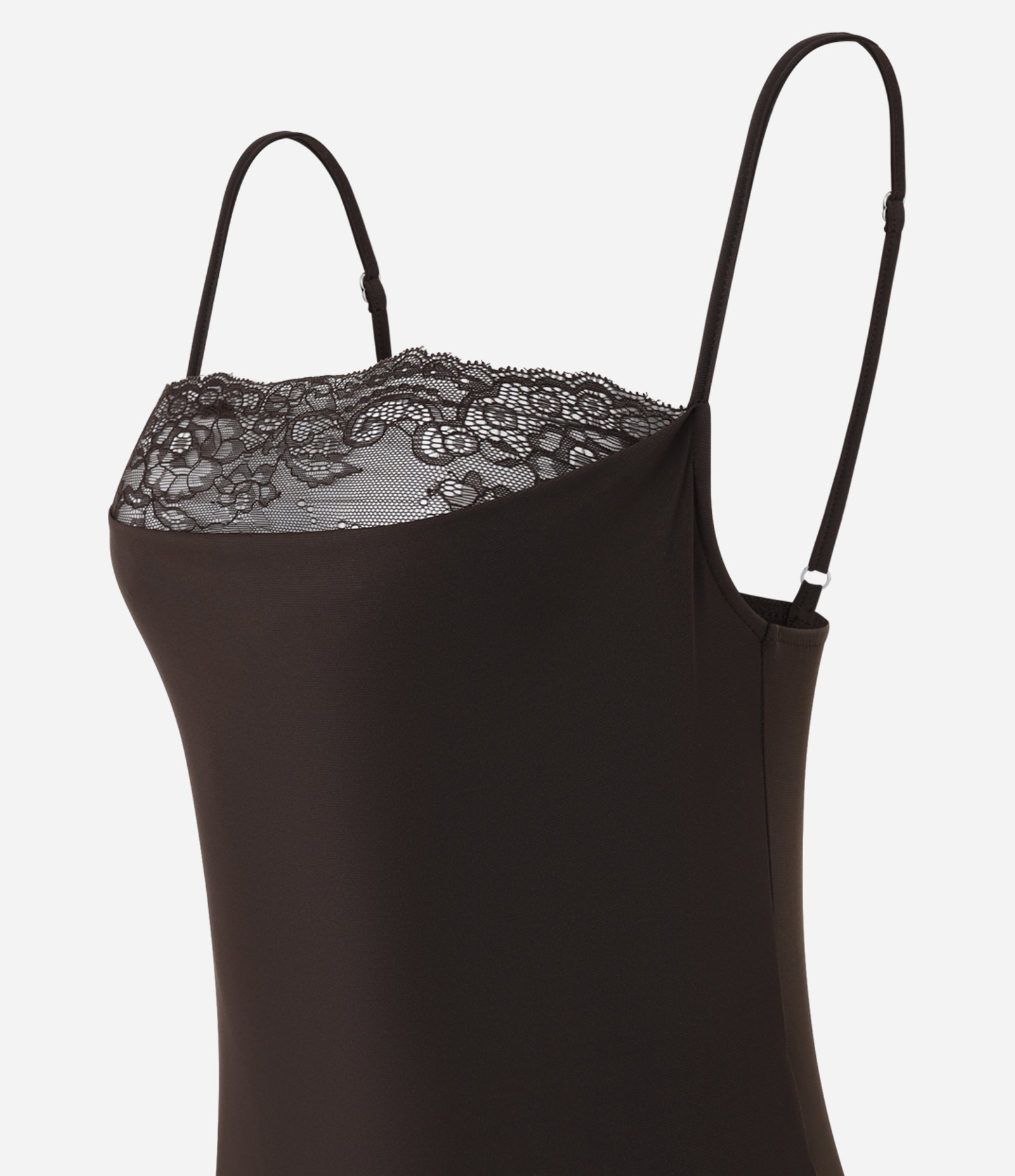 Body com Elastano Decote Degagê e Detalhe em Renda Marrom 5