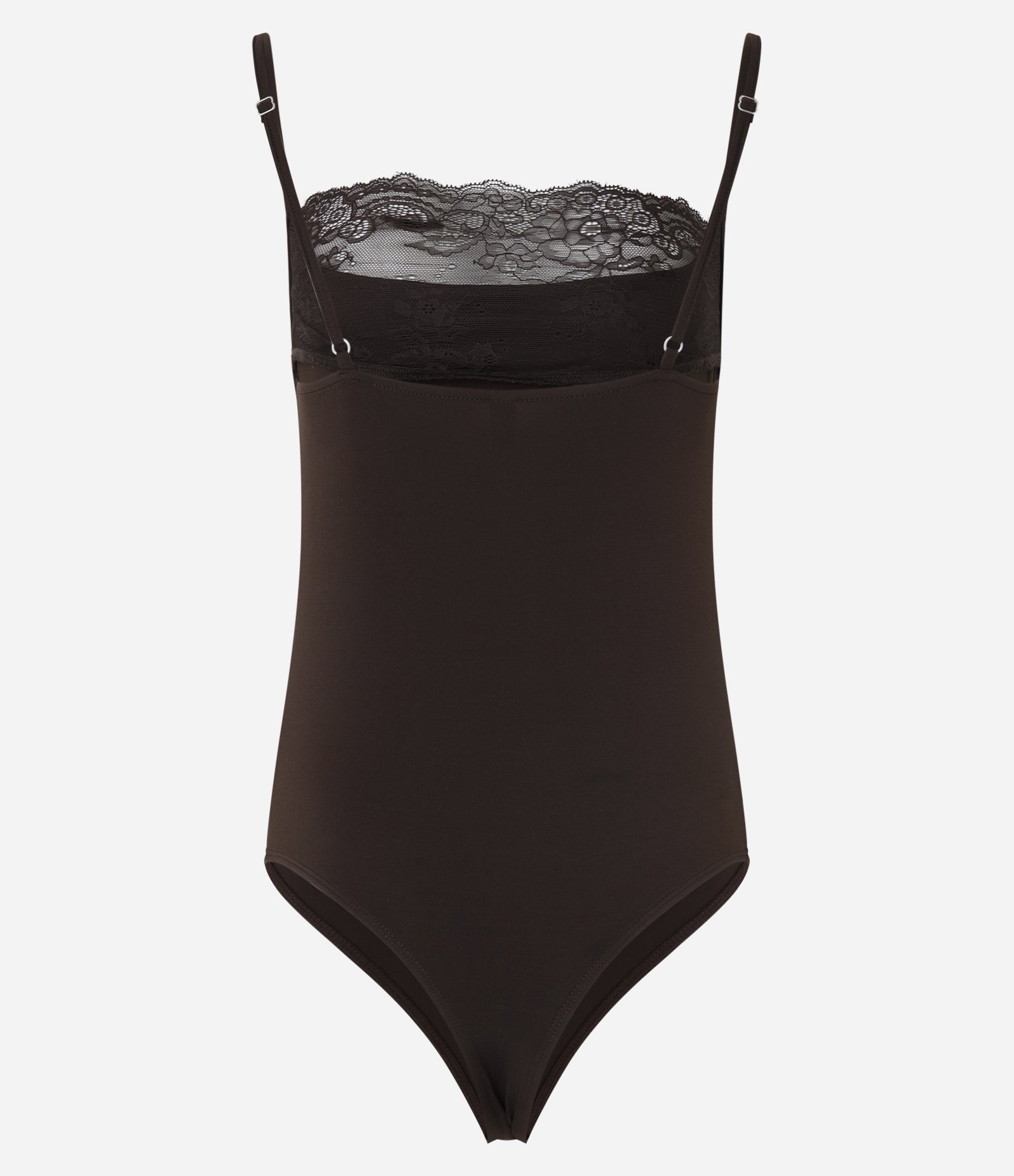 Body com Elastano Decote Degagê e Detalhe em Renda Marrom 6