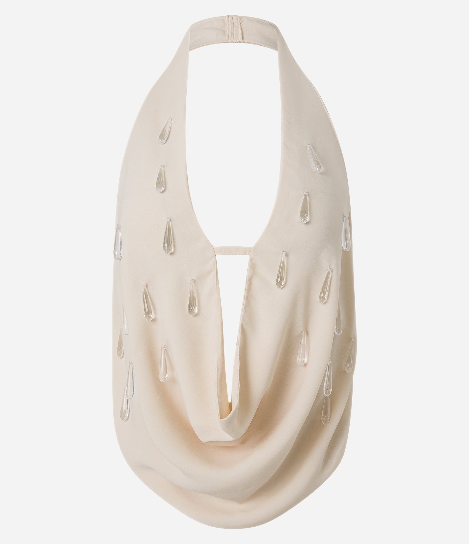 Blusa Frente Única Regular em Crepe com Decote Degagê e Aplicações de Pedras Bege 8