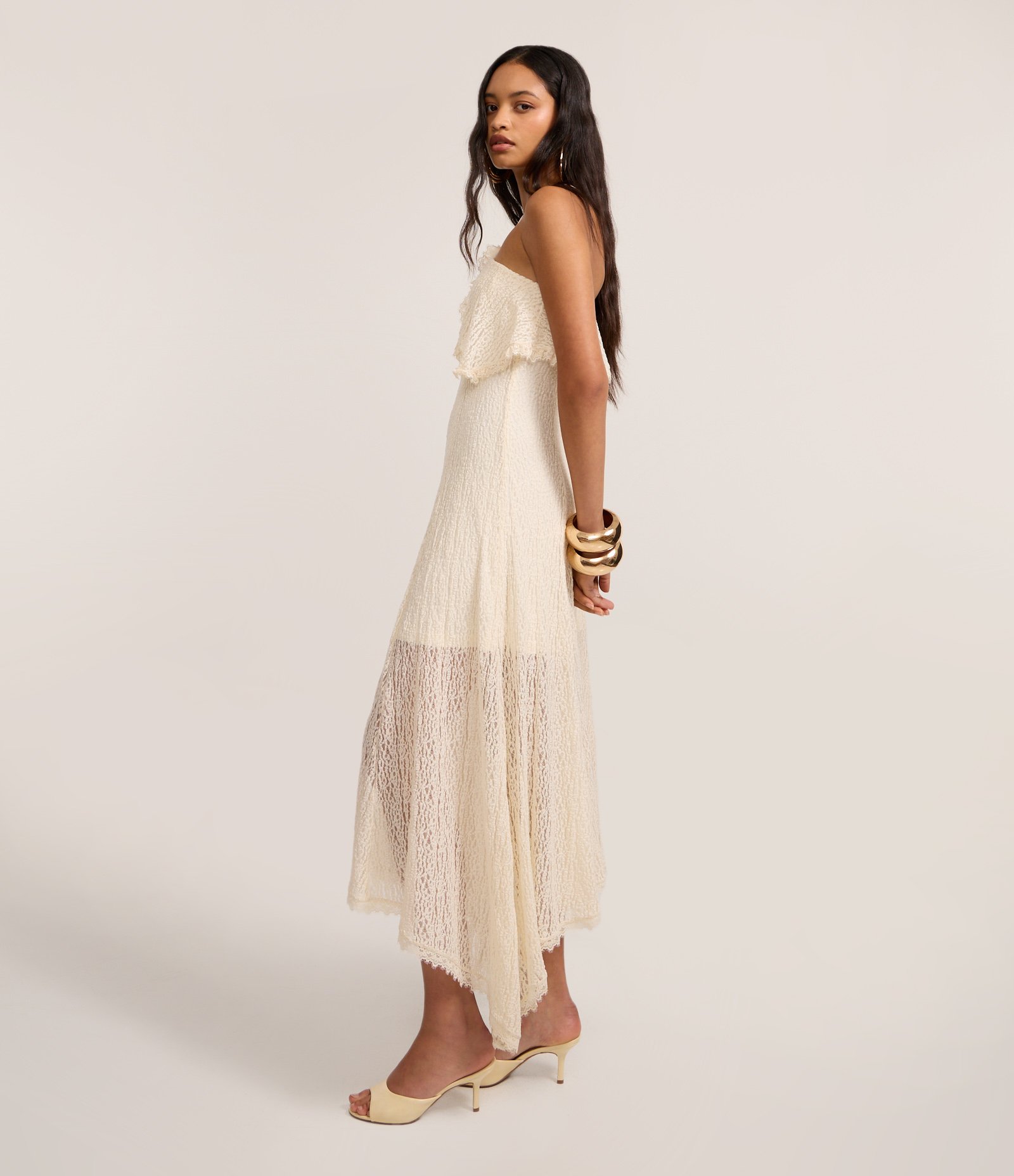 Vestido New Midi Texturizado em Renda com Sobreposição Off White 1