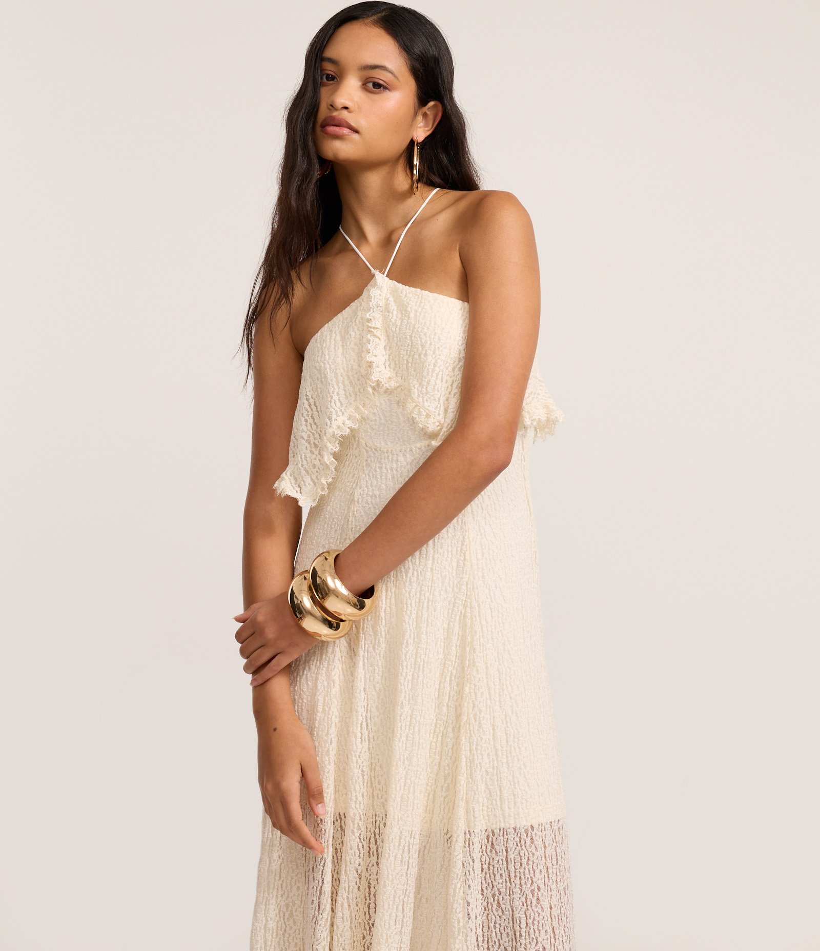 Vestido New Midi Texturizado em Renda com Sobreposição Off White 2