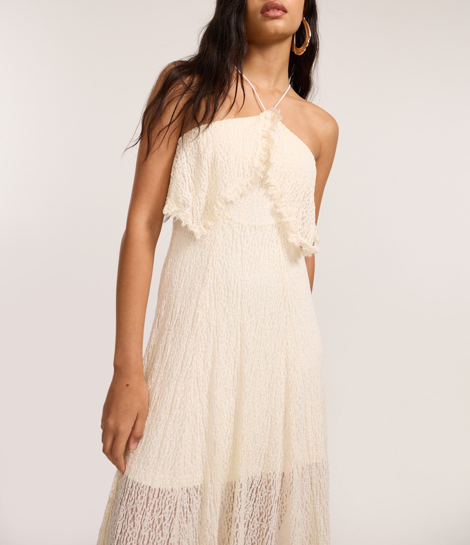 Vestido New Midi Texturizado em Renda com Sobreposição Off White 3